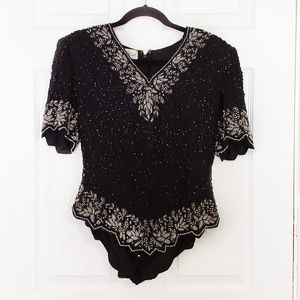 Laurence Kazar 100% Silk Beaded V-Neck Blouse L